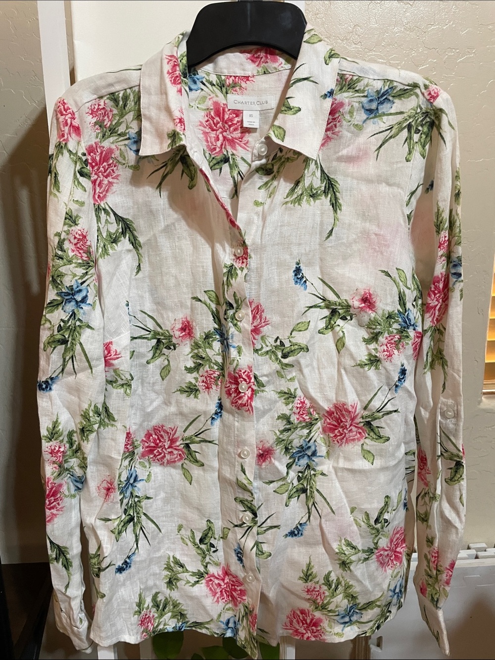 Charter Club White Floral Linen Shirt with Pink & Green Accents